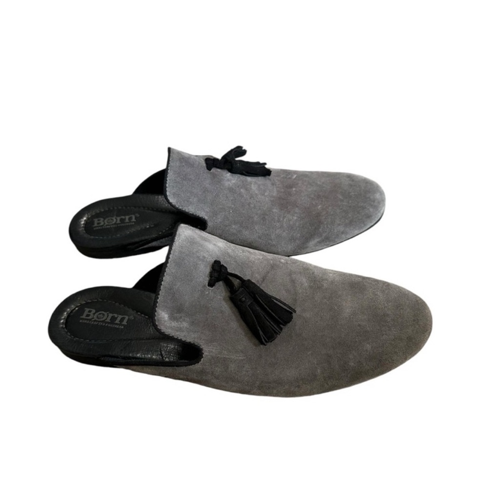 Born Corrin Dark Grey Suede Tassel Mules Size 10